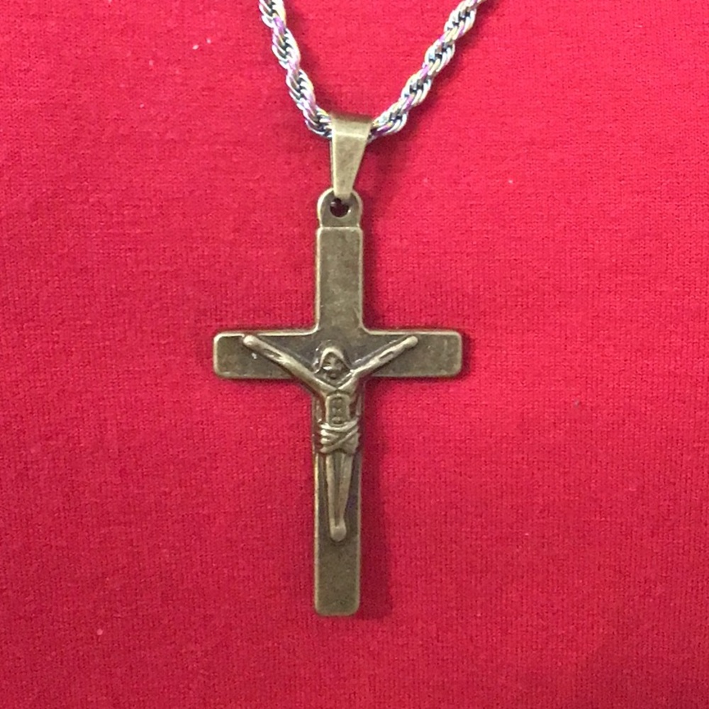 Antiqued Bronze Gold Crucifix Pendant on Tri-Color Stainless Steel Chain